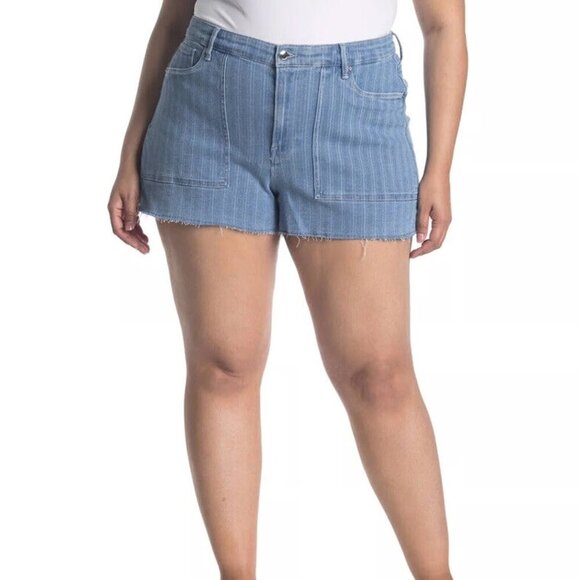 Good American Plus Size Striped Cutoff Denim Shorts - Picture 1 of 9